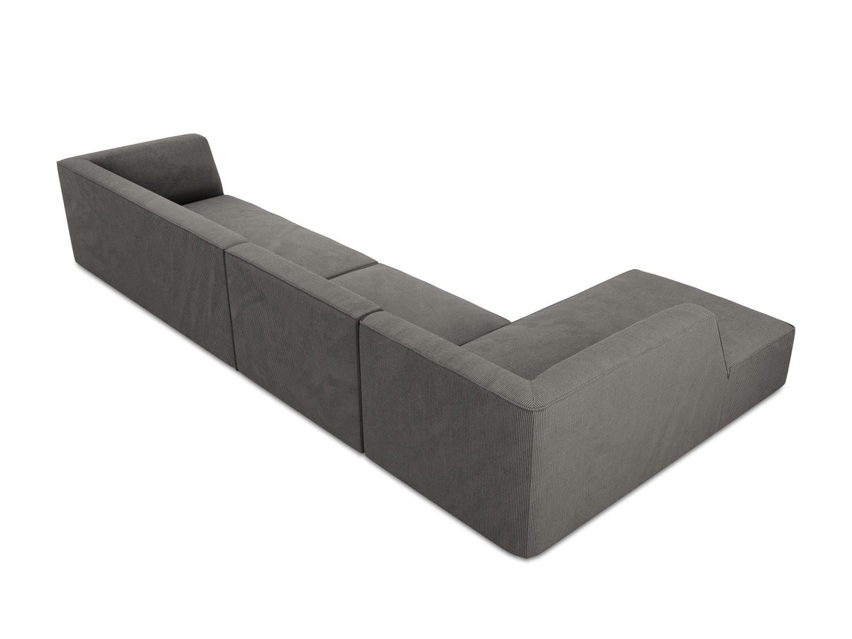 Modulares Ecksofa links Siena in Dark Grey-Scala mit strukturiertem Cordstoff, Massivholzrahmen und schwarzen Kunststoffbeinen, 5-Sitzer 180cm.