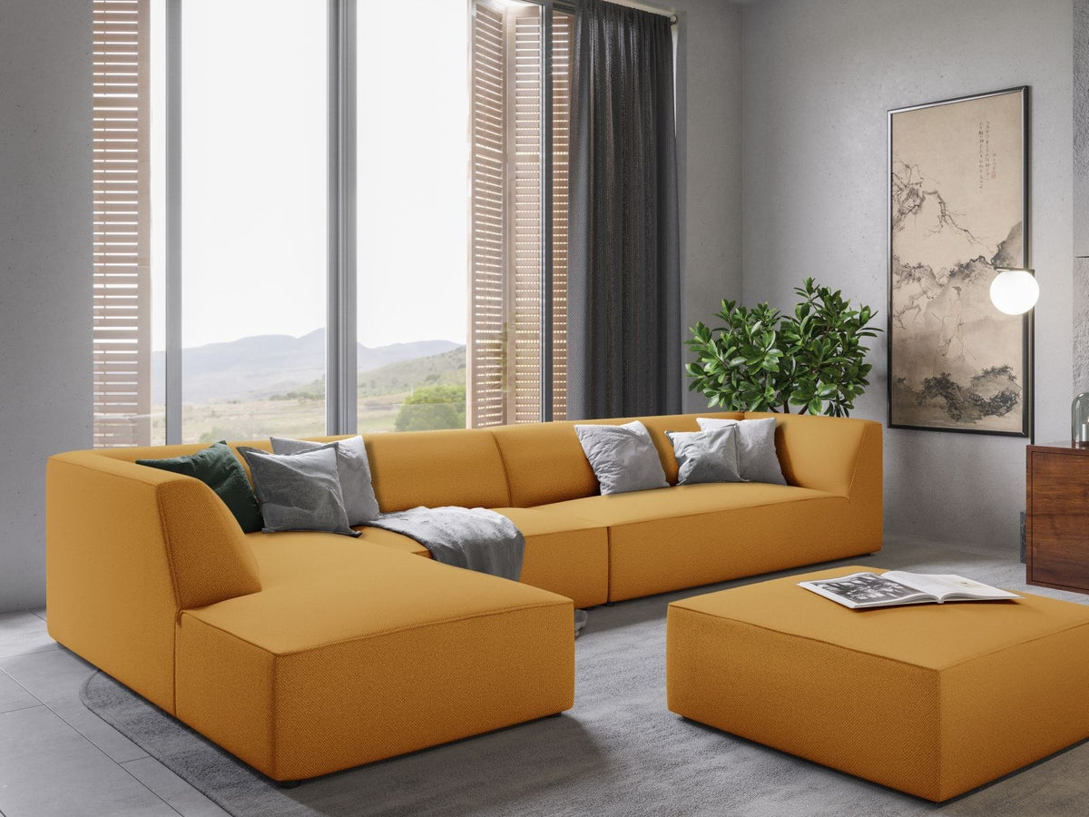 Modulares Ecksofa links Siena in Dark Grey-Scala mit strukturiertem Cordstoff, Massivholzrahmen und schwarzen Kunststoffbeinen, 5-Sitzer 180cm.