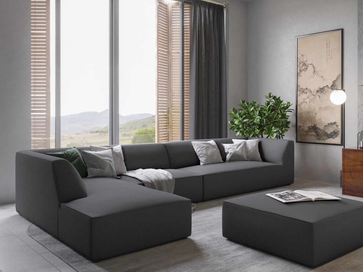 Modulares Ecksofa links Siena in Dark Grey-Scala mit strukturiertem Cordstoff, Massivholzrahmen und schwarzen Kunststoffbeinen, 5-Sitzer 180cm.