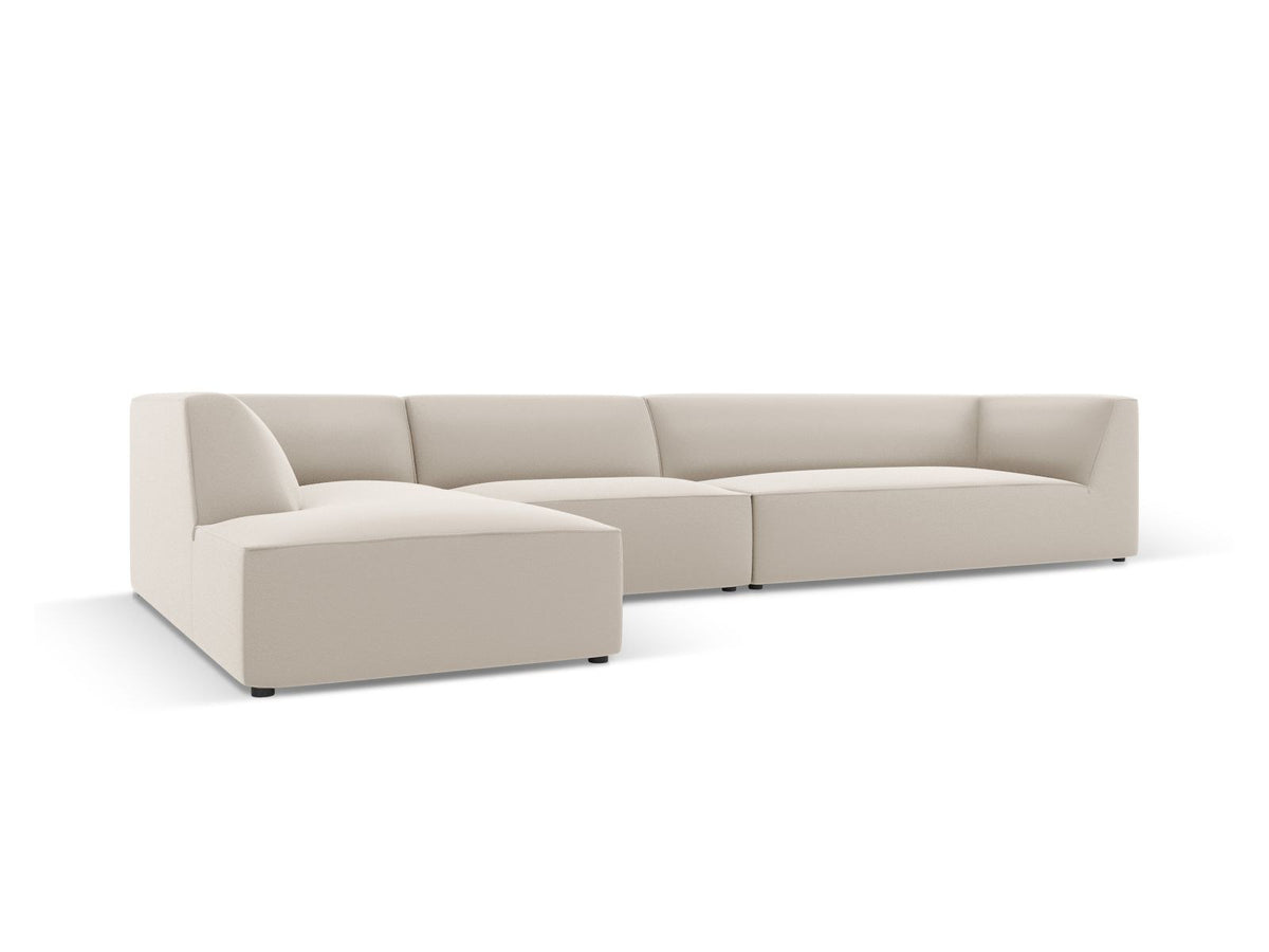 Modulares Ecksofa Siena in Light Beige mit lederähnlichem Bezugsstoff, schwarzen Kunststoffbeinen und moderner Eckform, 5-Sitzer, 180 cm Tiefe.