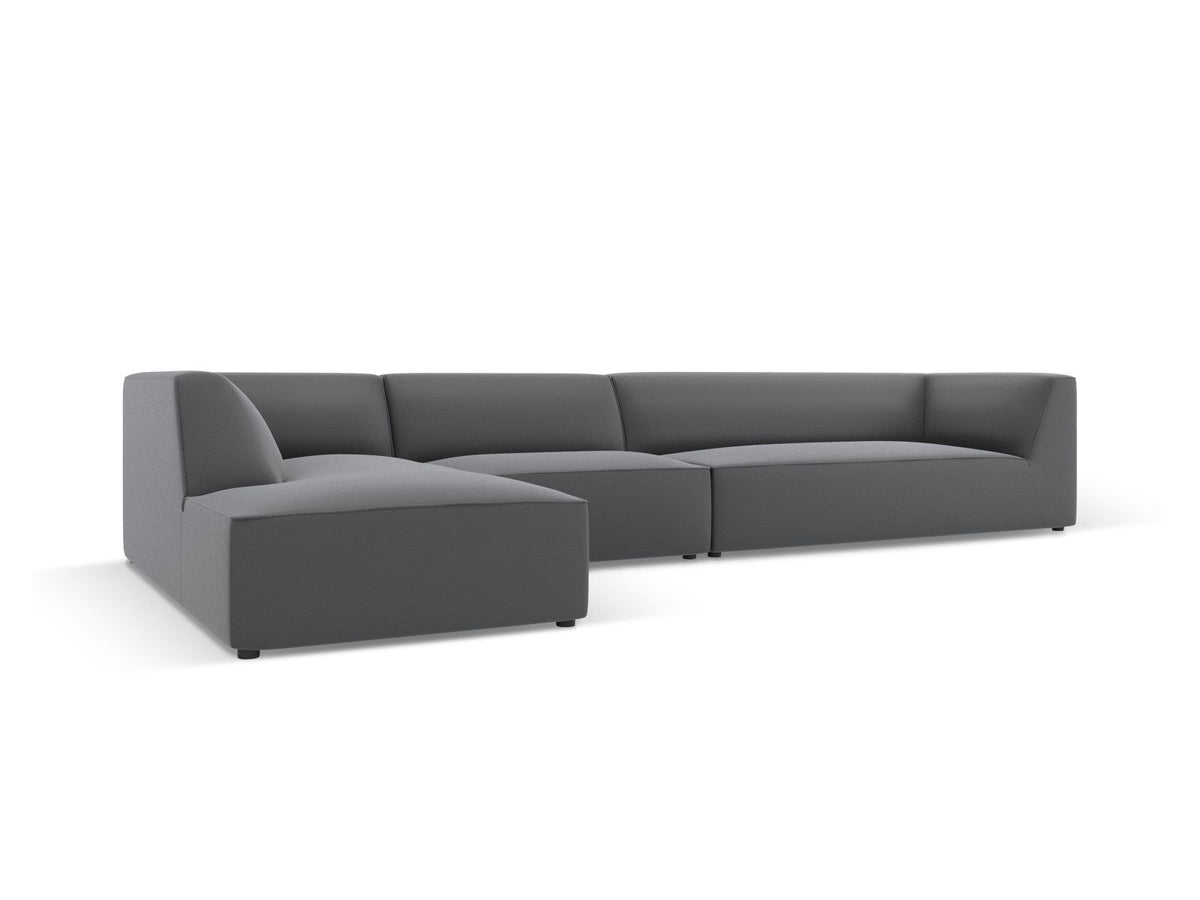 Modulares Ecksofa Siena in Light Beige mit lederähnlichem Bezugsstoff, schwarzen Kunststoffbeinen und moderner Eckform, 5-Sitzer, 180 cm Tiefe.