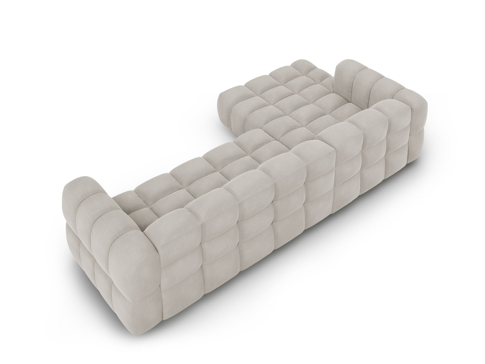 Elegantes modulares Ecksofa links in hochwertigem Sky Velour, 4-Sitzer in zartem Beige, ideal für stilvolle Wohnräume.