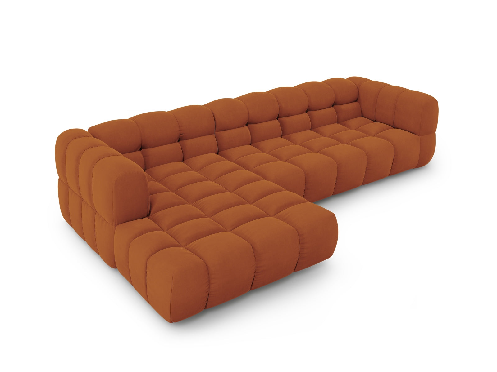 Modulares Ecksofa in warmem Terracotta, 4-Sitzer, linksseitig, aus hochwertigem Sky Velour, perfekt für moderne Wohnkonzepte.