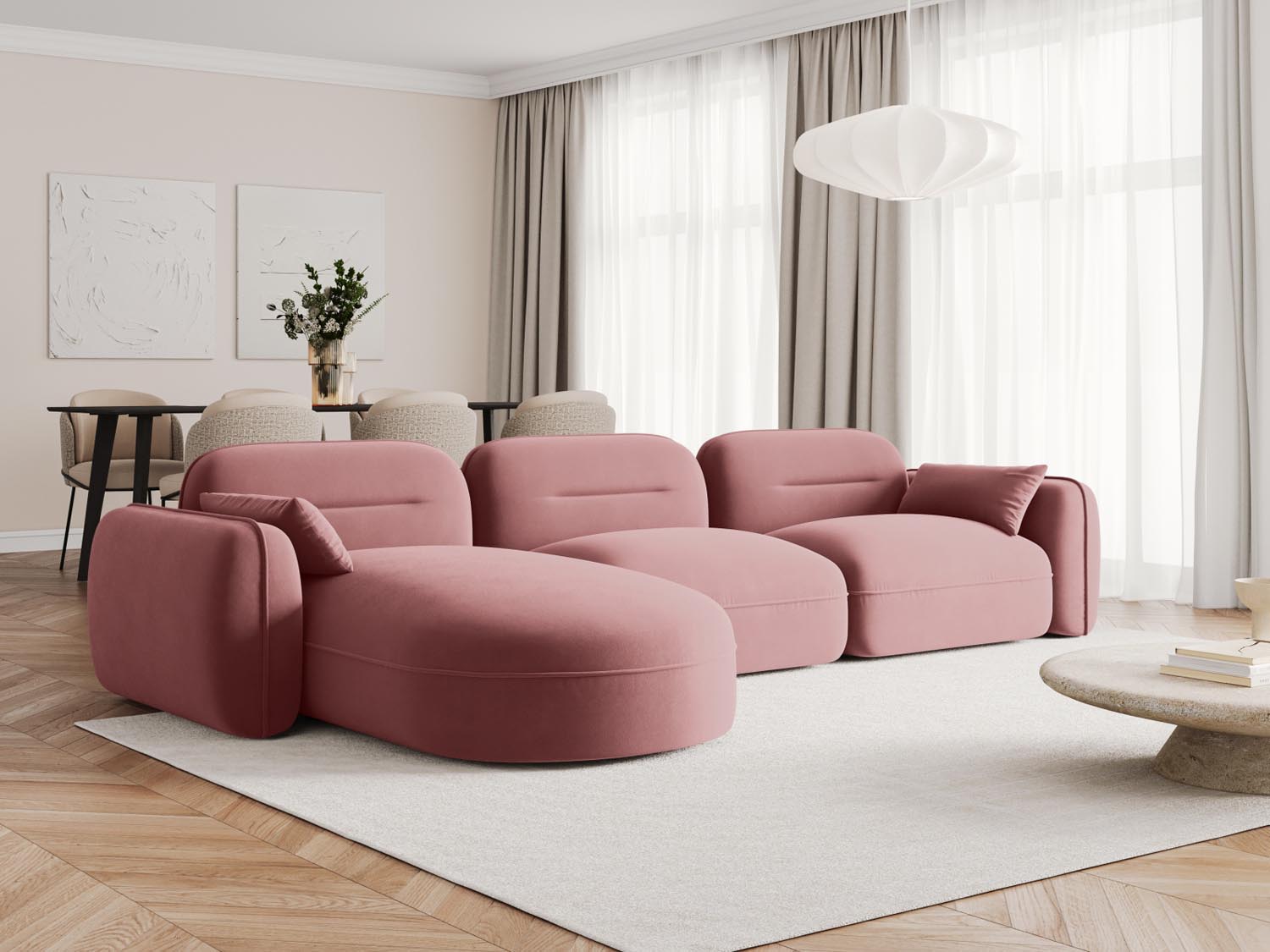 Elegantes Sydney Velour Ecksofa links, 4-Sitzer in stilvollem Flamingo-Casino, ideal für moderne Wohnräume.