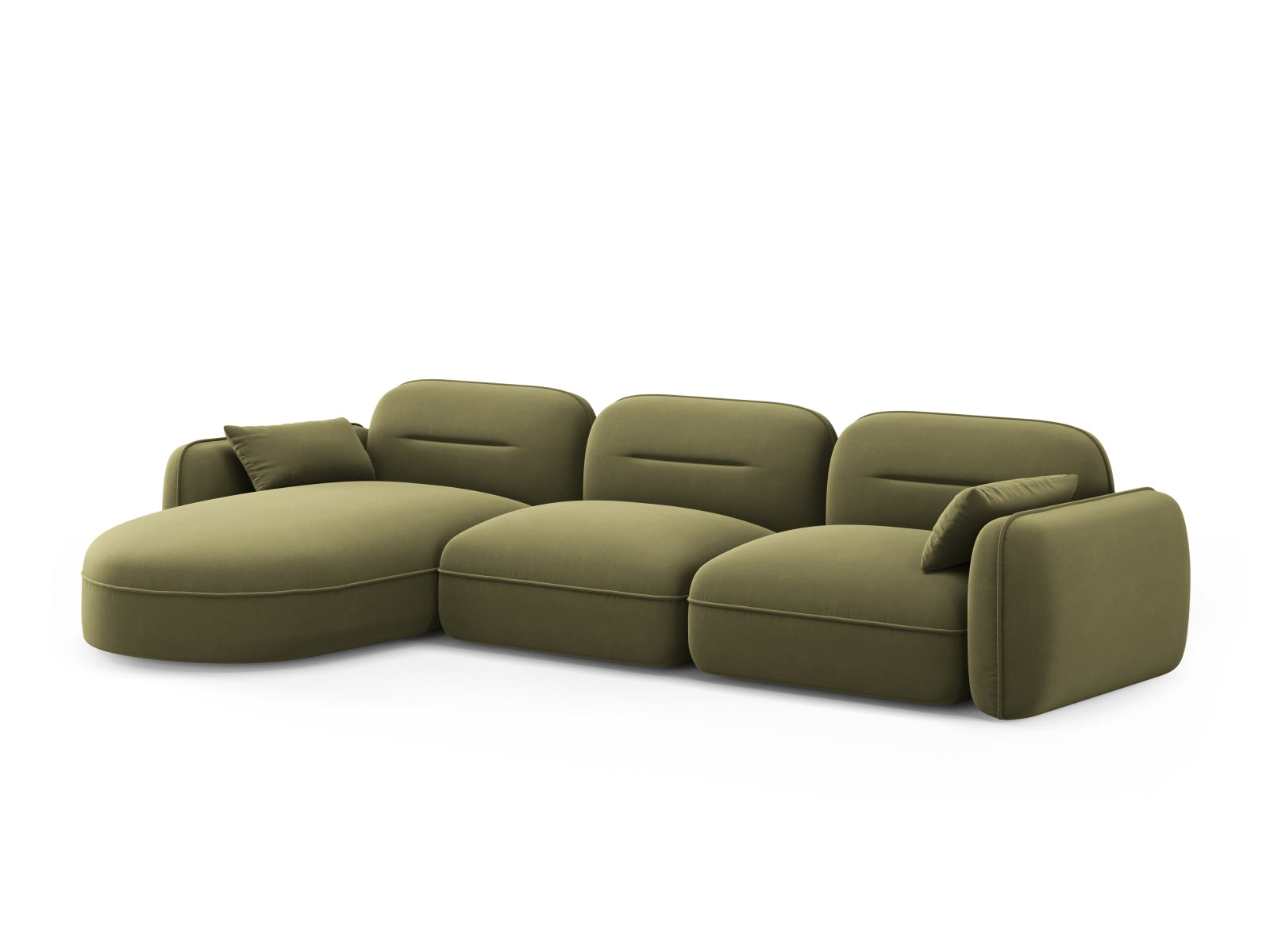 Modulares Sydney Velour Ecksofa in zartem Hellgrün, perfekt für moderne Wohnzimmer. Bietet Komfort und Flexibilität in der Raumgestaltung.