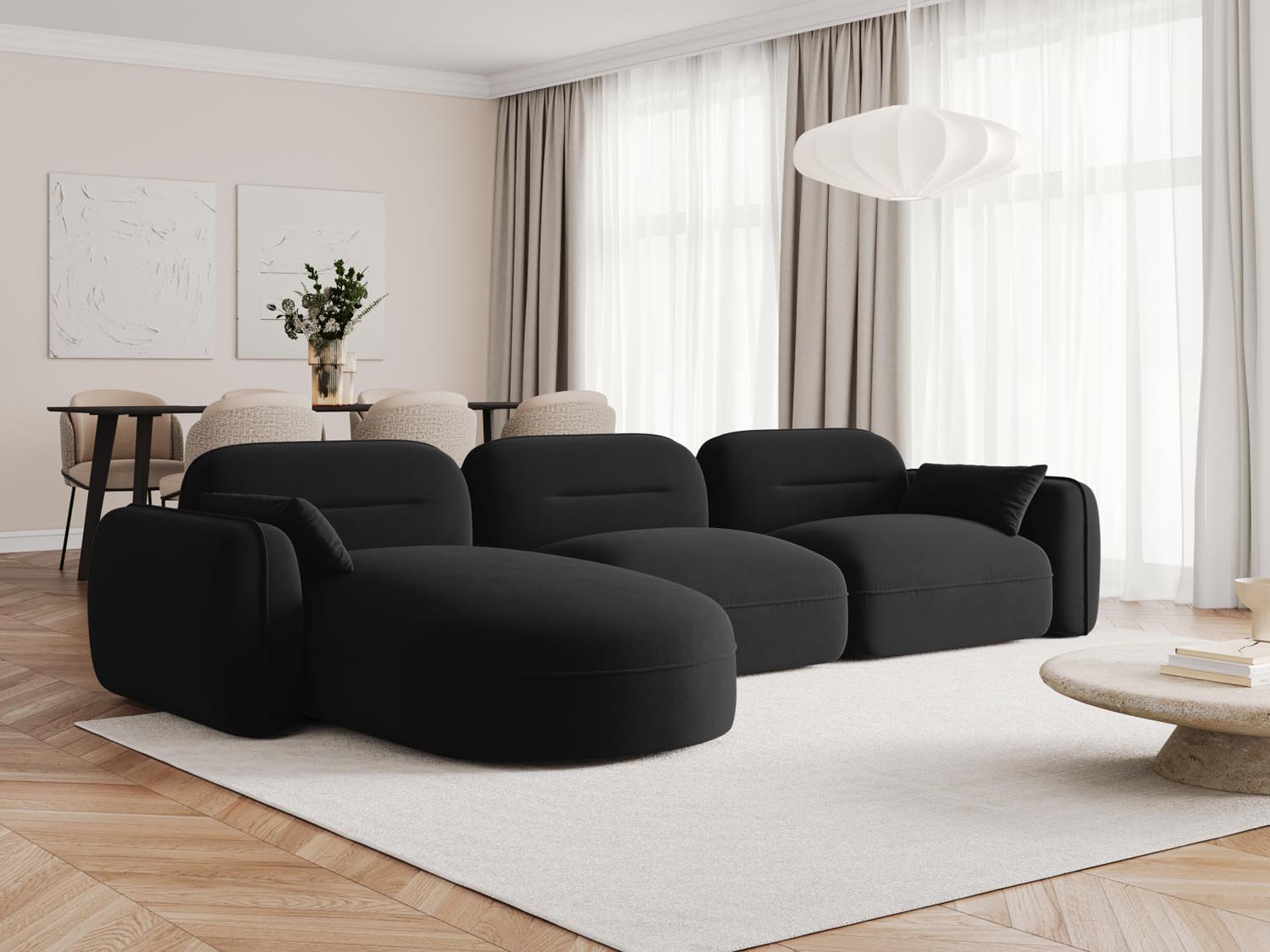 Elegantes Sydney Velour Ecksofa in Schwarz, ideal für stilvolle Wohnräume. Modular und komfortabel, perfekt für entspannte Abende.