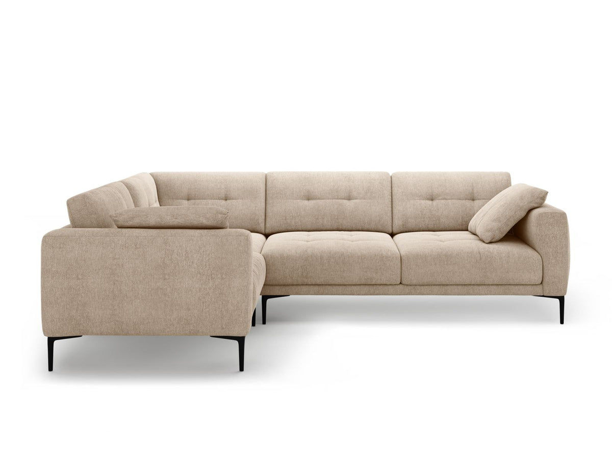 Ecksofa links Lazio in Beige-Sorella mit Strukturstoff, Massivholzrahmen und schwarzen Metallbeinen, 4-Sitzer mit Récamiere.