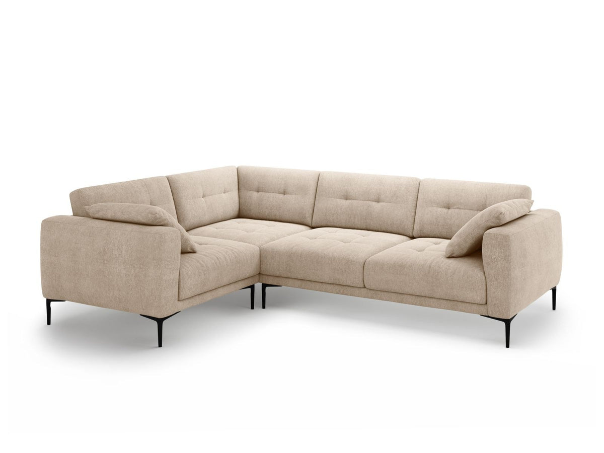 Ecksofa links Lazio in Beige-Sorella mit Strukturstoff, Massivholzrahmen und schwarzen Metallbeinen, 4-Sitzer mit Récamiere.