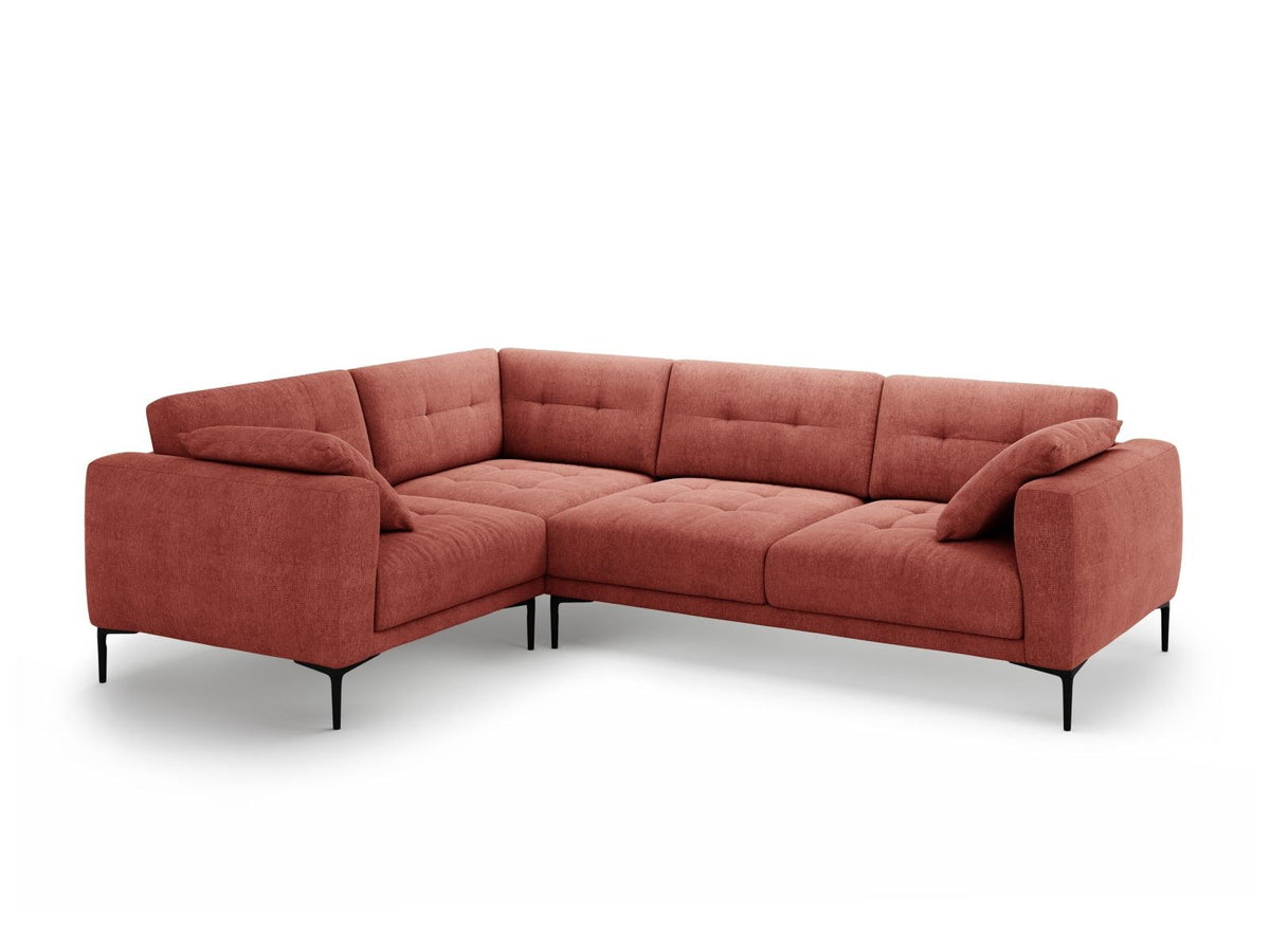 Ecksofa links Lazio in Beige-Sorella mit Strukturstoff, Massivholzrahmen und schwarzen Metallbeinen, 4-Sitzer mit Récamiere.