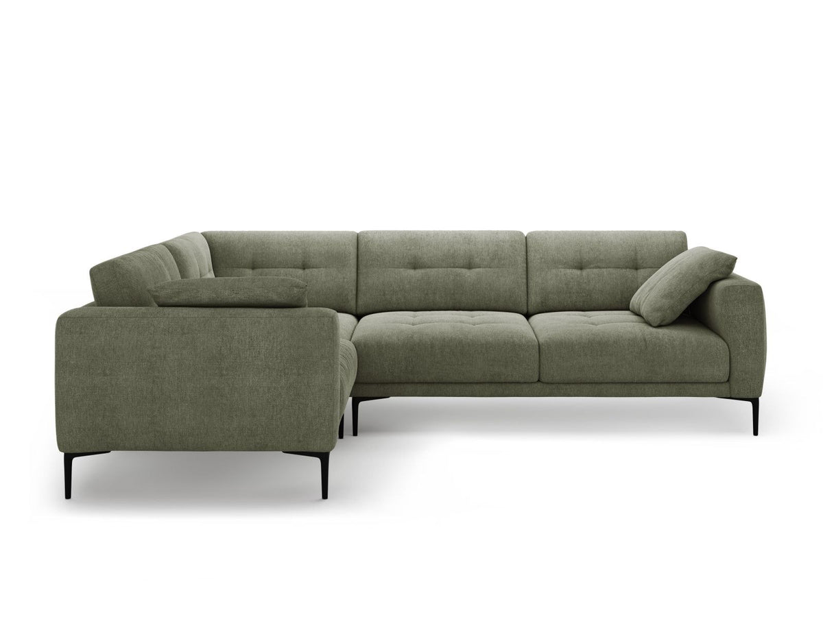 Ecksofa links Lazio in Beige-Sorella mit Strukturstoff, Massivholzrahmen und schwarzen Metallbeinen, 4-Sitzer mit Récamiere.
