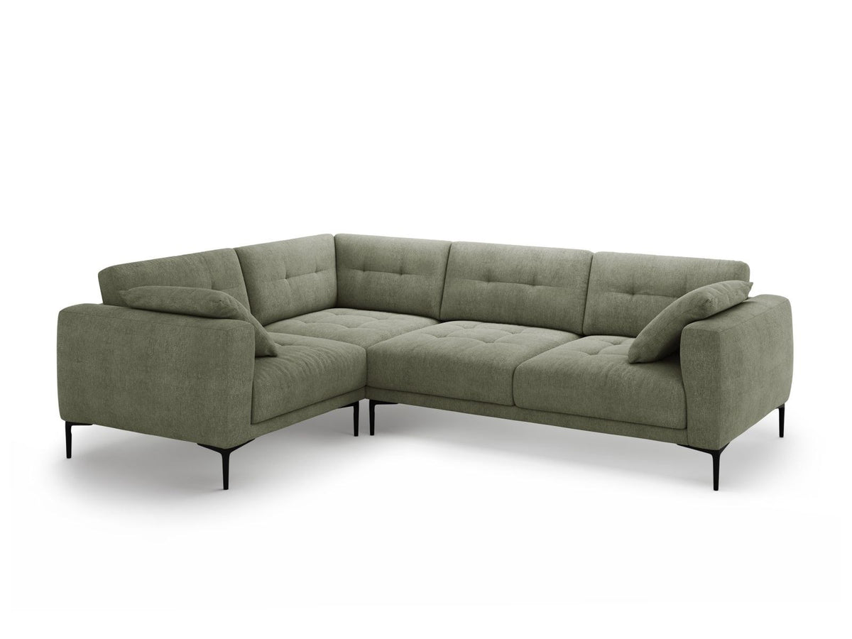 Ecksofa links Lazio in Beige-Sorella mit Strukturstoff, Massivholzrahmen und schwarzen Metallbeinen, 4-Sitzer mit Récamiere.
