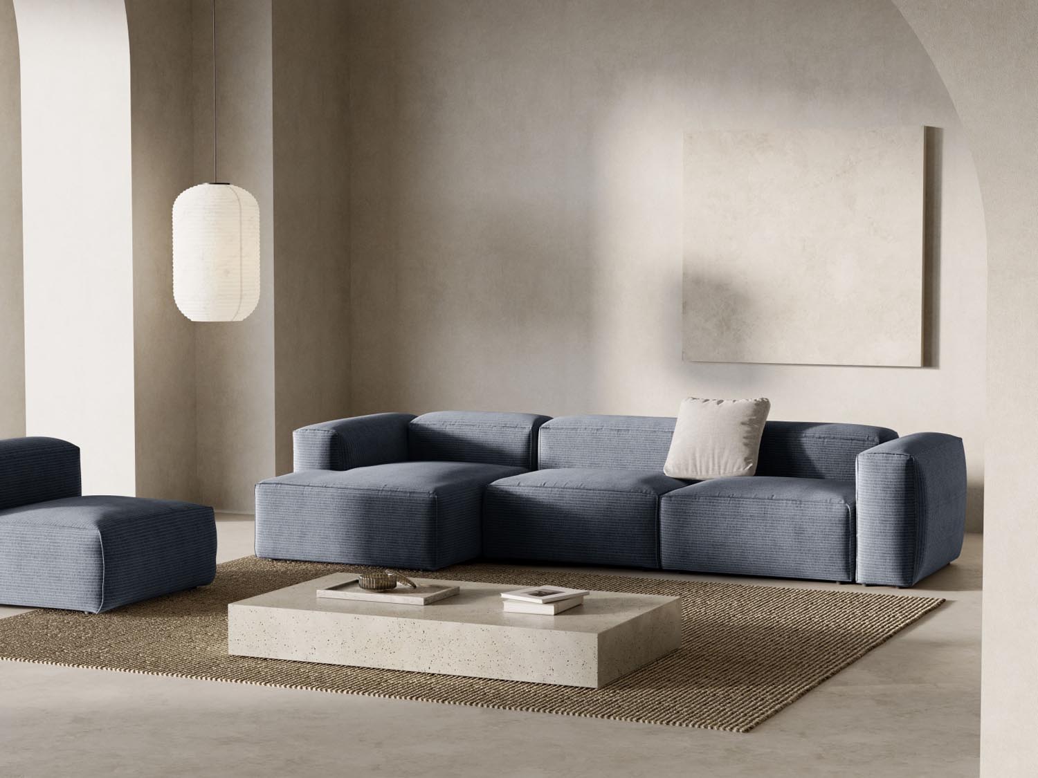 Bergamo Modulares Ecksofa links 4 Sitzer in Muted Blue-Perla präsentiert im Onlineshop von KAQTU Design AG. Ecksofa links ist von Cosmopolitan Design