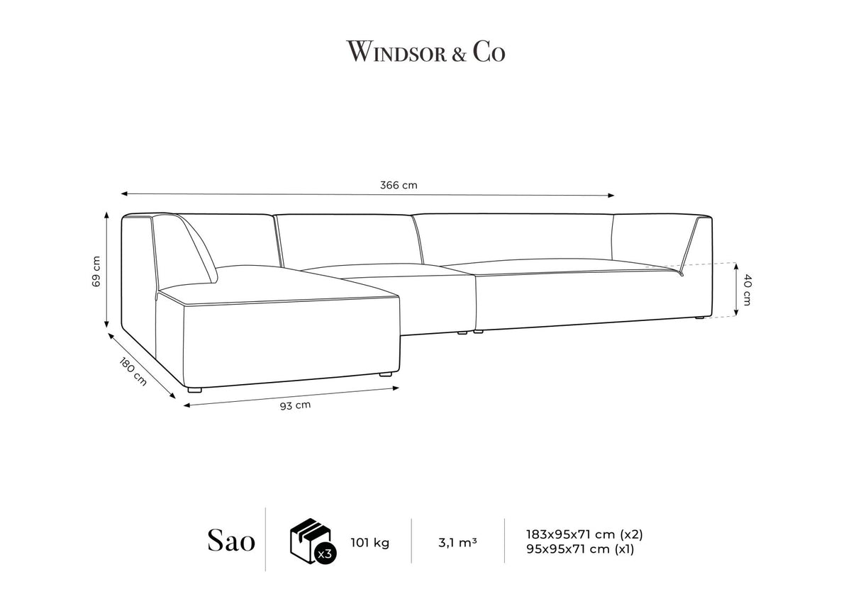 Beige-Salvador Samt Ecksofa links mit Récamiere, schwarzen Kunststoffbeinen und modularem Aufbau, Cosmopolitan Design Siena Serie.