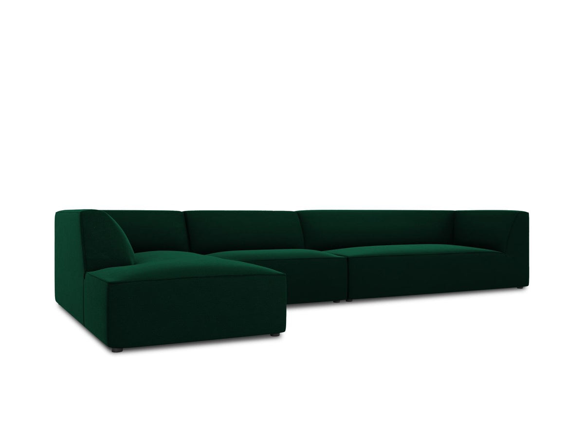 Beige-Salvador Samt Ecksofa links mit Récamiere, schwarzen Kunststoffbeinen und modularem Aufbau, Cosmopolitan Design Siena Serie.