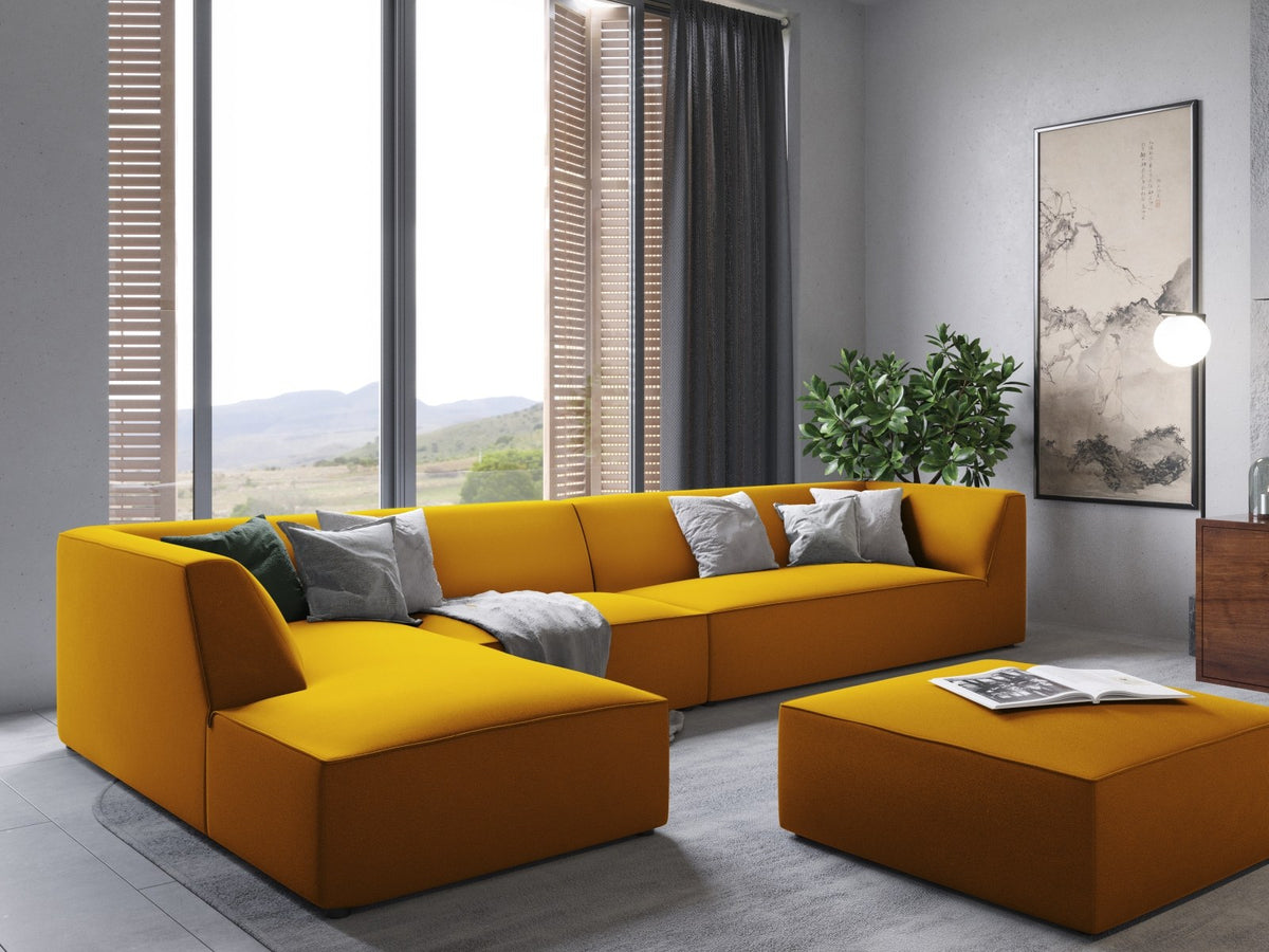 Beige-Salvador Samt Ecksofa links mit Récamiere, schwarzen Kunststoffbeinen und modularem Aufbau, Cosmopolitan Design Siena Serie.