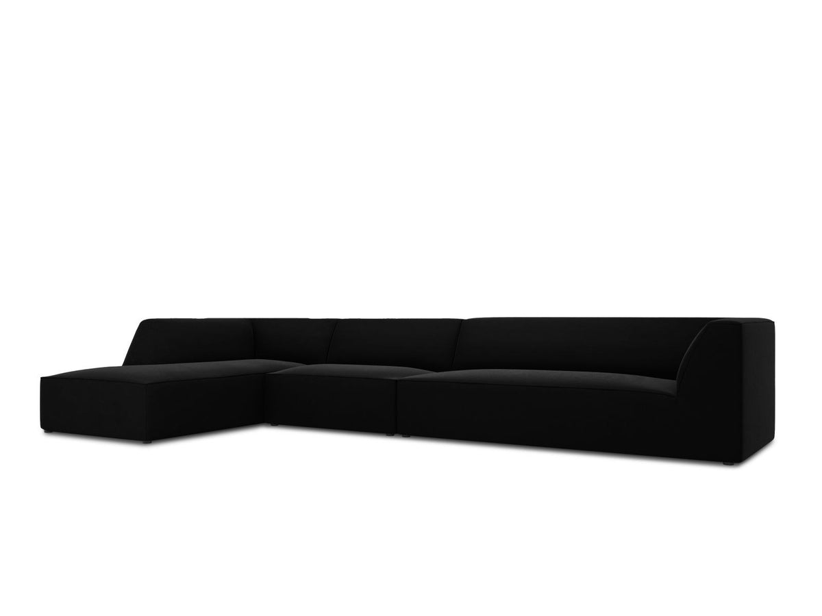 Beige-Salvador Samt Ecksofa links mit Récamiere, schwarzen Kunststoffbeinen und modularem Aufbau, Cosmopolitan Design Siena Serie.