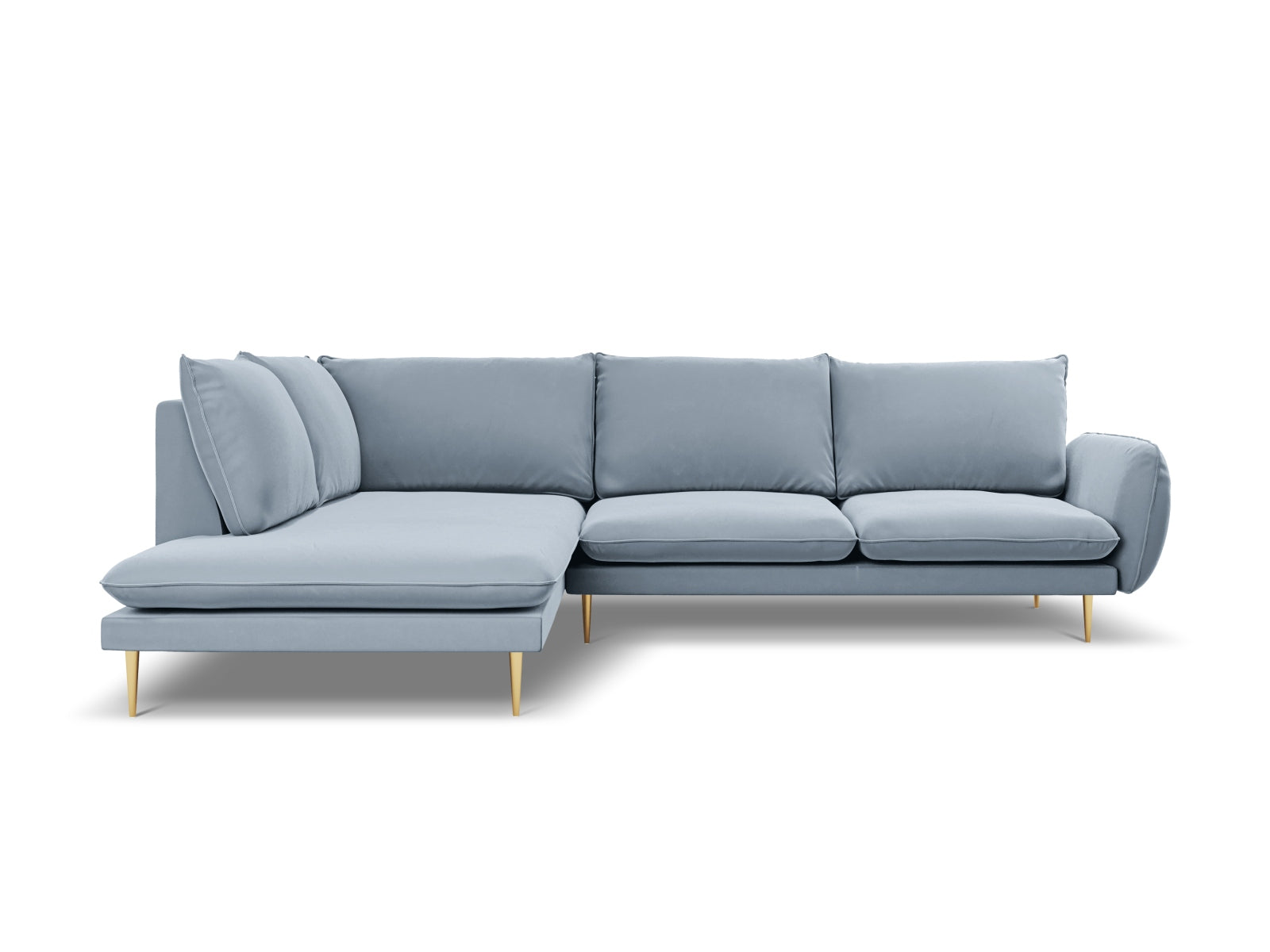 Modernes 6-Sitzer Ecksofa in sanftem Hellblau, linksseitig, perfekt für gemütliche und stilvolle Wohnambiente von Cosmopolitan Design.