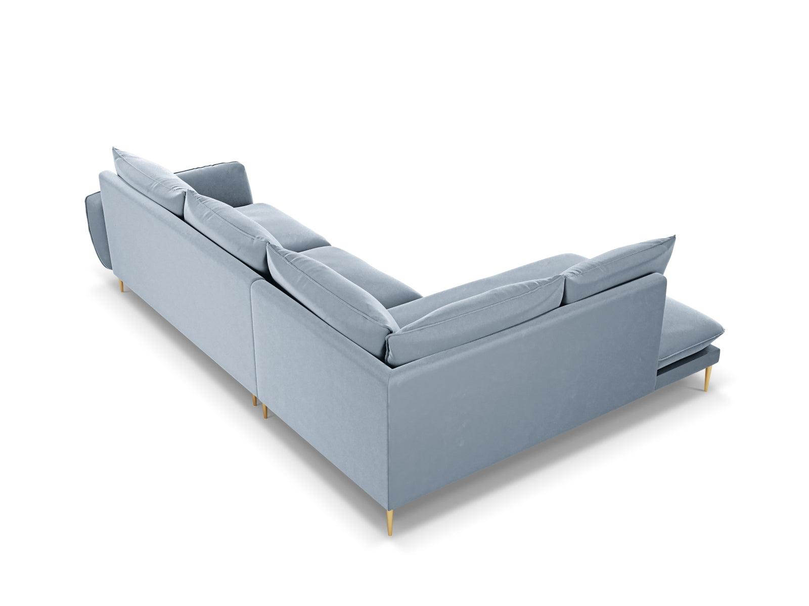Elegantes, hellblaues 6-Sitzer Ecksofa mit Velourbezug, linksseitig, ideal für stilvolle und komfortable Wohnräume von Cosmopolitan Design.