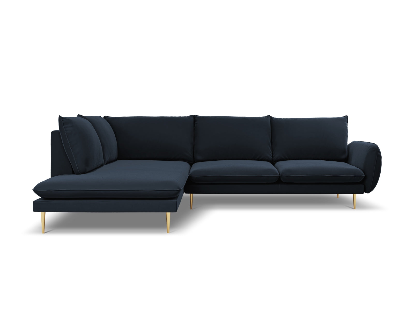 Luxuriöses 6-sitziges Ecksofa in Dunkelblau mit samtiger Oberfläche, perfekt für moderne Wohnzimmer und gesellige Zusammenkünfte.