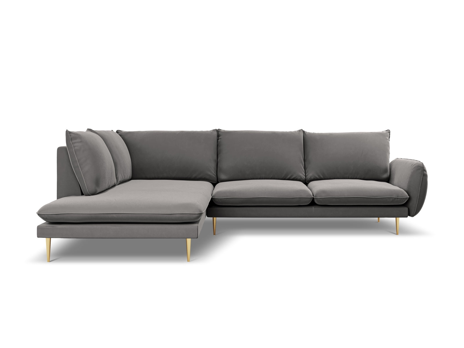 Modernes 6-Sitzer Ecksofa in Velours, linksseitig, in sanften Grautönen, perfekt für gemütliche und elegante Wohnambiente.