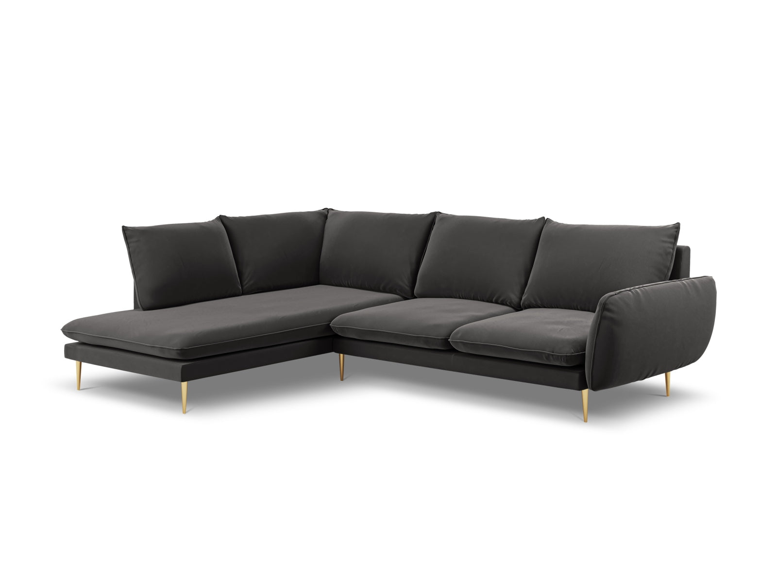 Vienna Velour Ecksofa links 6 Sitzer 185cm in Dark Grey/Gold-Bluvel präsentiert im Onlineshop von KAQTU Design AG. Ecksofa links ist von Cosmopolitan Design