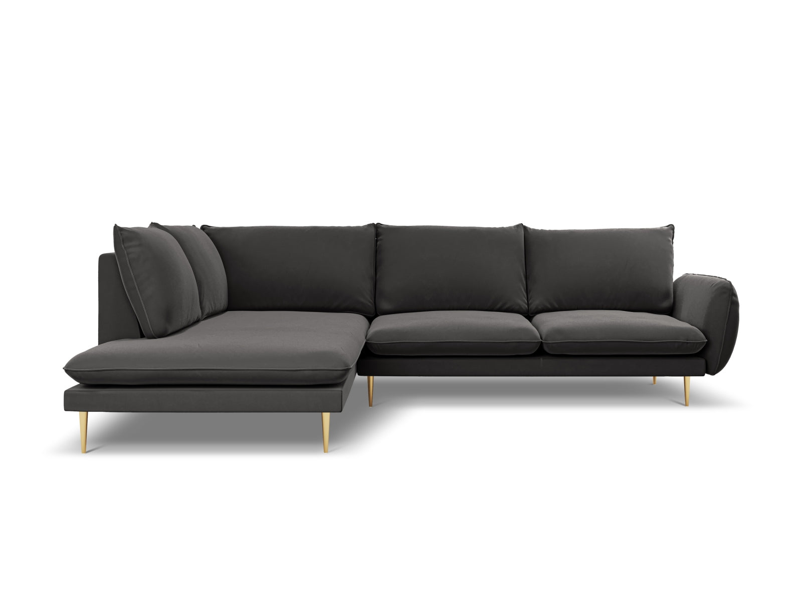 Modernes, stilvolles Ecksofa in Dunkelgrau mit luxuriösem Velourbezug und goldenen Details, perfekt für großzügige Wohnzimmer. 6-Sitzer, 185 cm.