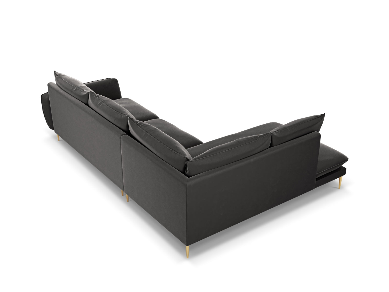 Elegantes, linksseitiges Ecksofa in edlem Dunkelgrau mit weichem Velourstoff und goldenen Akzenten, ideal für stilvolle Wohnräume. 6-Sitzer, 185 cm.
