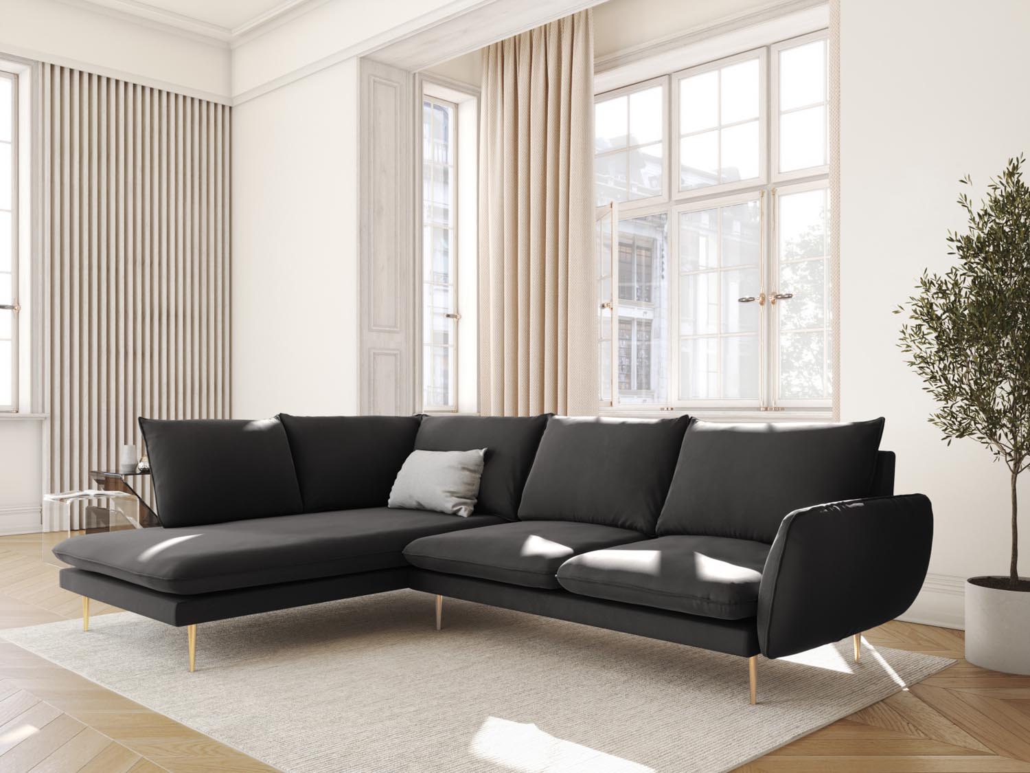 Vienna Velour Ecksofa links 6 Sitzer 185cm in Dark Grey/Gold-Bluvel präsentiert im Onlineshop von KAQTU Design AG. Ecksofa links ist von Cosmopolitan Design