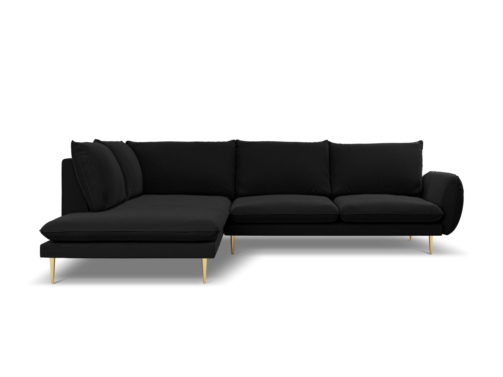 Luxuriöses 6-Sitzer Ecksofa in Velours, linksseitig, mit elegantem Design in Schwarz und Gold-Bluvel, perfekt für stilvolle Wohnzimmer.
