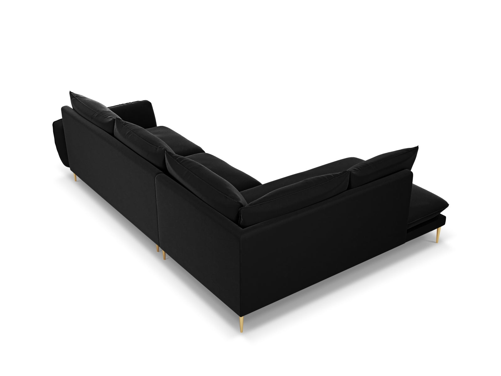 Elegantes 6-Sitzer Velours Ecksofa in Schwarz und Gold-Bluvel, linksseitig, ideal für moderne Wohnräume und stilvolle Einrichtung.