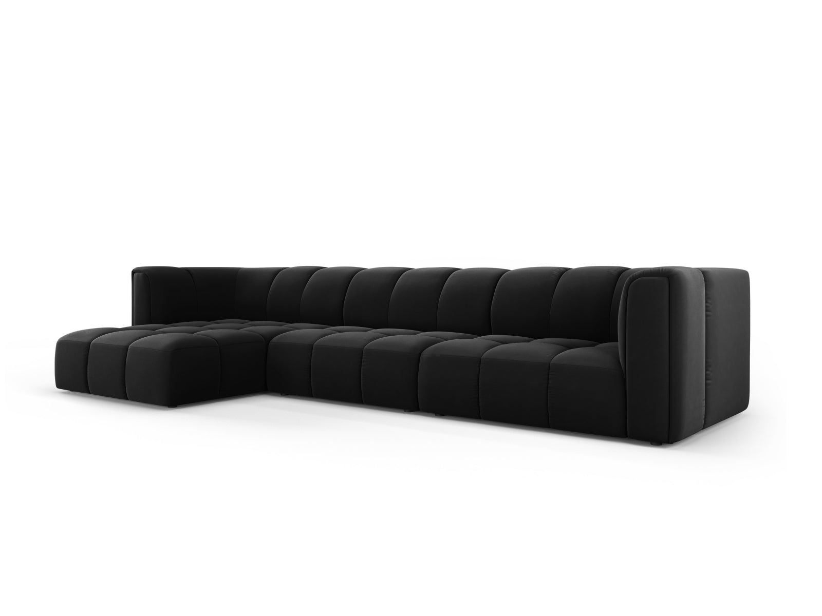 Elegantes 5-Sitzer Ecksofa Moritz in Black-Bluvel, ideal für stilvolle Wohnräume, präsentiert von Cosmopolitan Design.