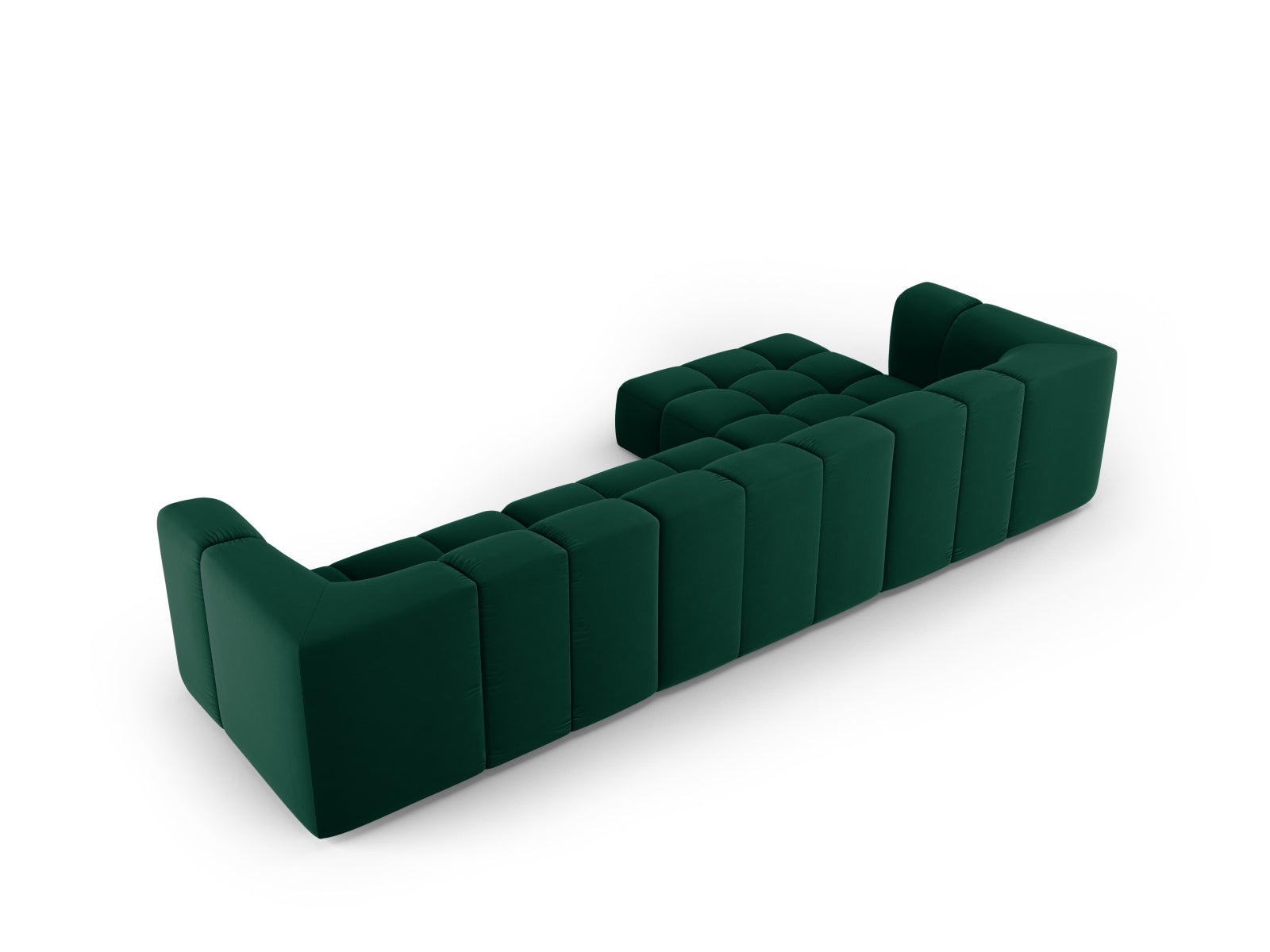 Modulares 5-Sitzer Ecksofa Moritz in edlem Bottle Green-Bluvel, perfekt für moderne Wohnkonzepte und gemütliche Entspannung.