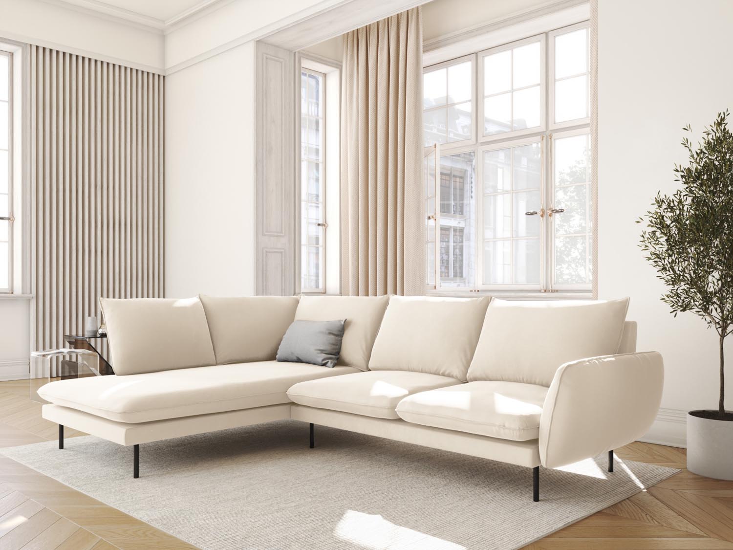 Elegantes Vienna Velour Ecksofa links in Light Beige/Schwarz-Bluvel, ideal für stilvolle Wohnräume, präsentiert in modernem Ambiente.