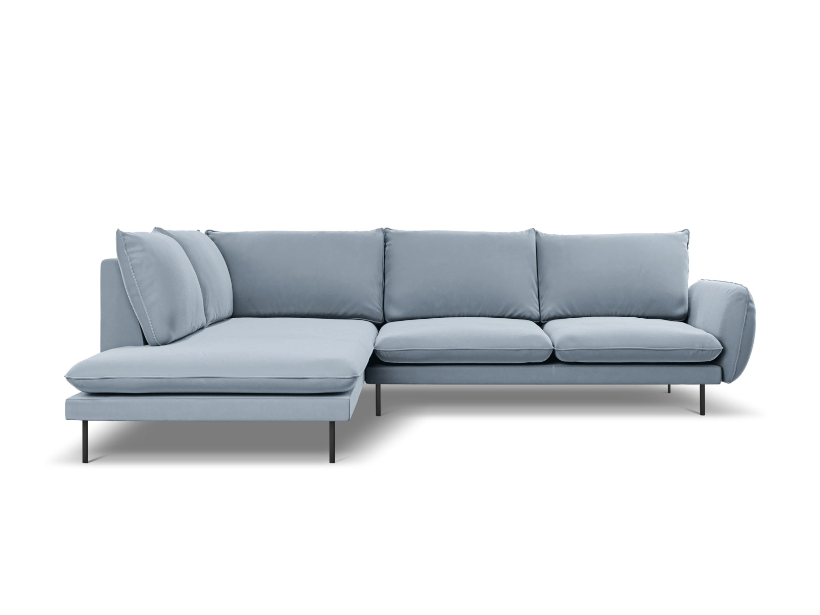 Modernes 6-Sitzer Ecksofa in sanften Hellblau- und Schwarz-Bluvel-Tönen, perfekt für gemütliche und stilvolle Wohnbereiche.