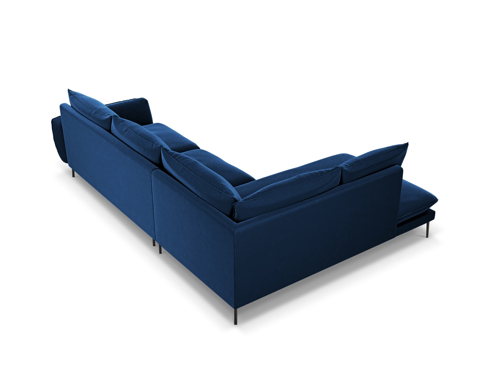 Elegantes linksseitiges Ecksofa in Royal Blue, 185 cm, für 6 Personen, aus hochwertigem Velours, ideal für stilvolle Wohnräume.