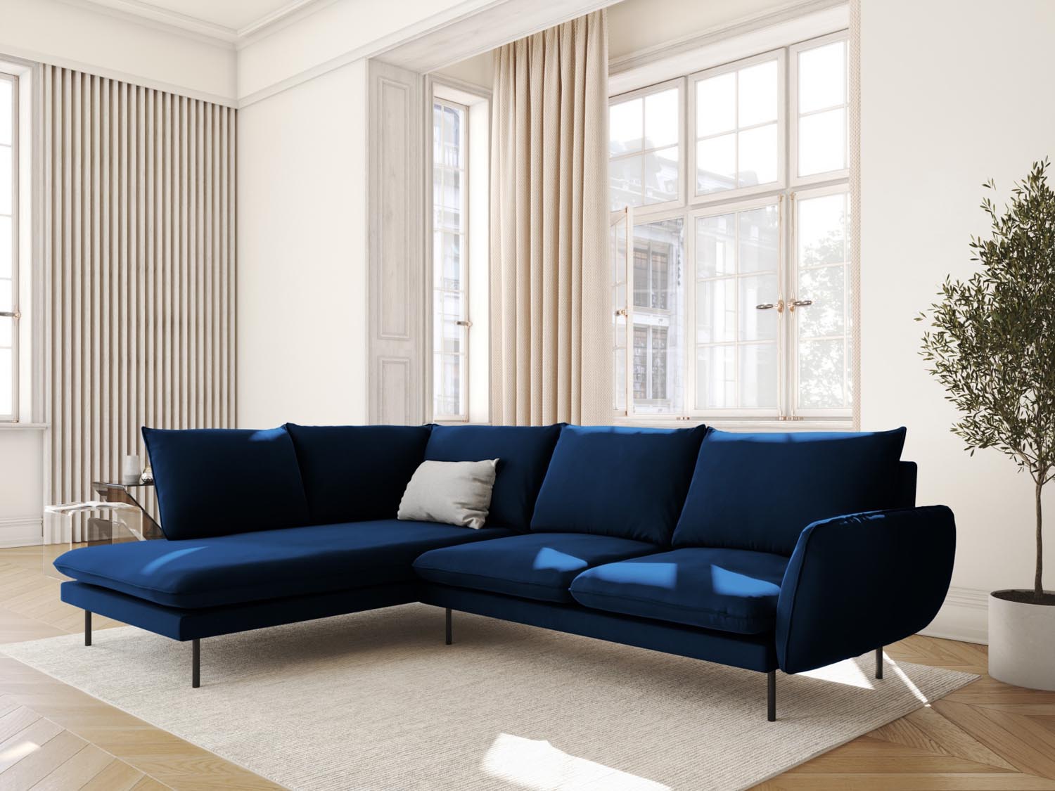 Elegantes Vienna Velour Ecksofa links in Royal Blue, 6-Sitzer, 185 cm, stilvoll und modern, ideal für jedes Wohnzimmer.
