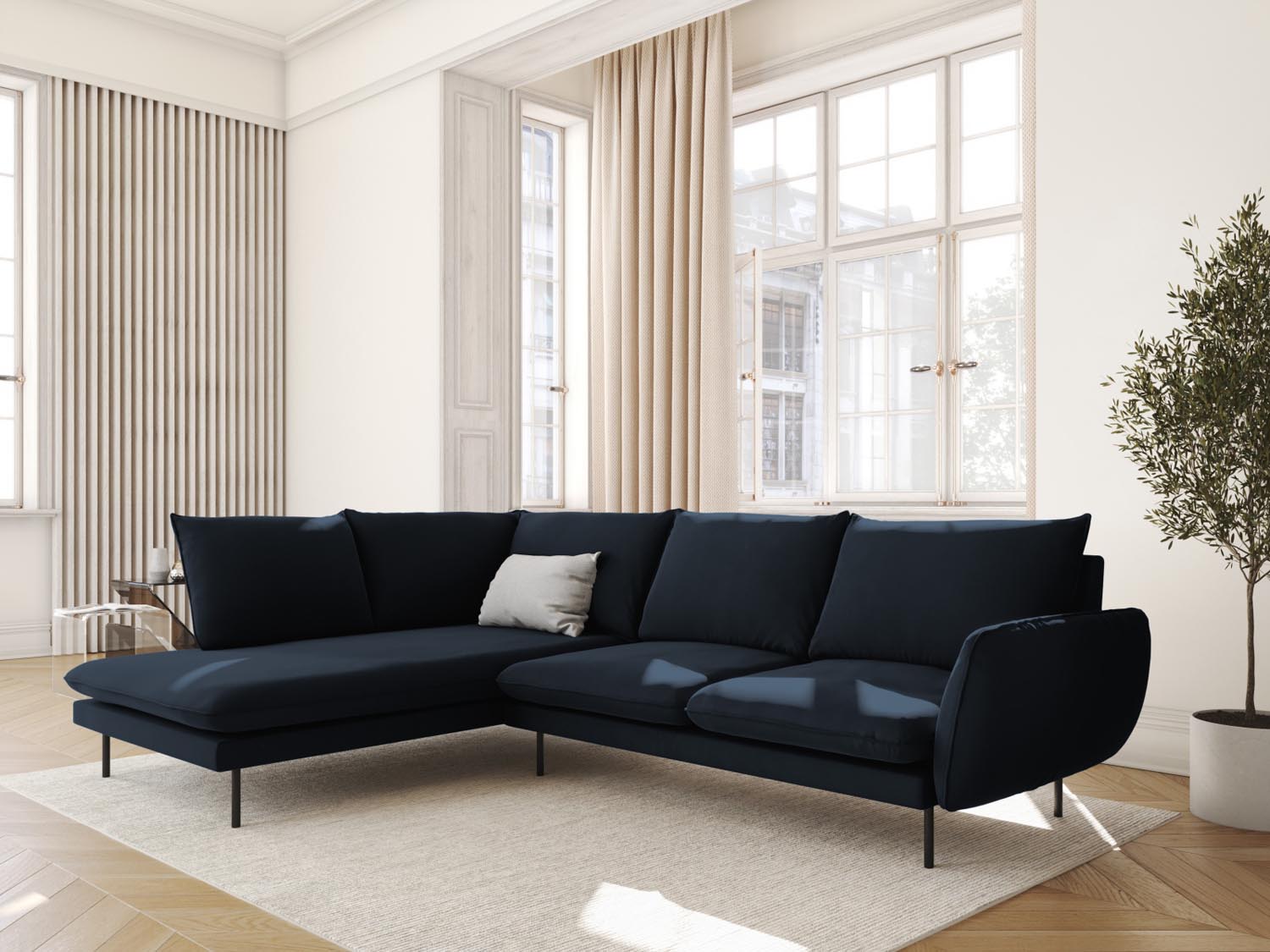 Elegantes Vienna Velour Ecksofa links in Dunkelblau/Schwarz-Bluvel, ideal für stilvolle Wohnräume, präsentiert von Cosmopolitan Design.