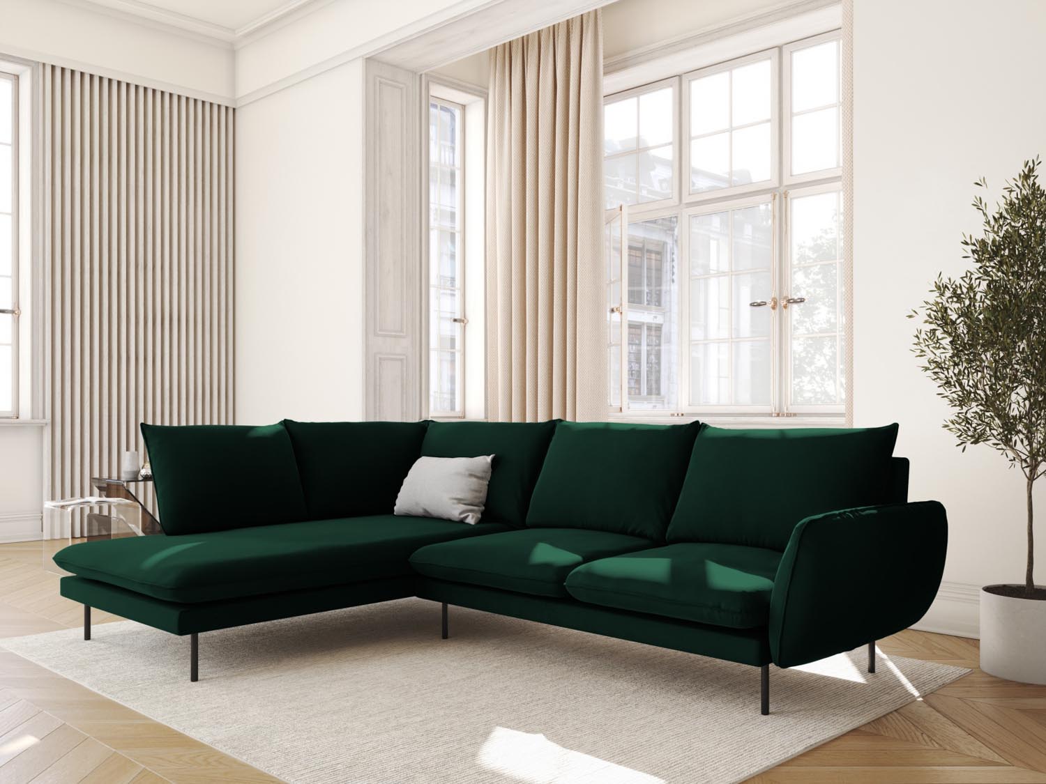 Elegantes Vienna Velour Ecksofa links in Bottle Green, 6-Sitzer, 185 cm, ideal für stilvolle Wohnräume, präsentiert von Cosmopolitan Design.