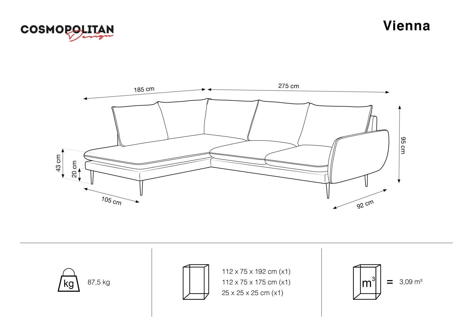 Vienna Velour Ecksofa links 6 Sitzer 185cm in Light Grey/Schwarz-Bluvel präsentiert im Onlineshop von KAQTU Design AG. Ecksofa links ist von Cosmopolitan Design