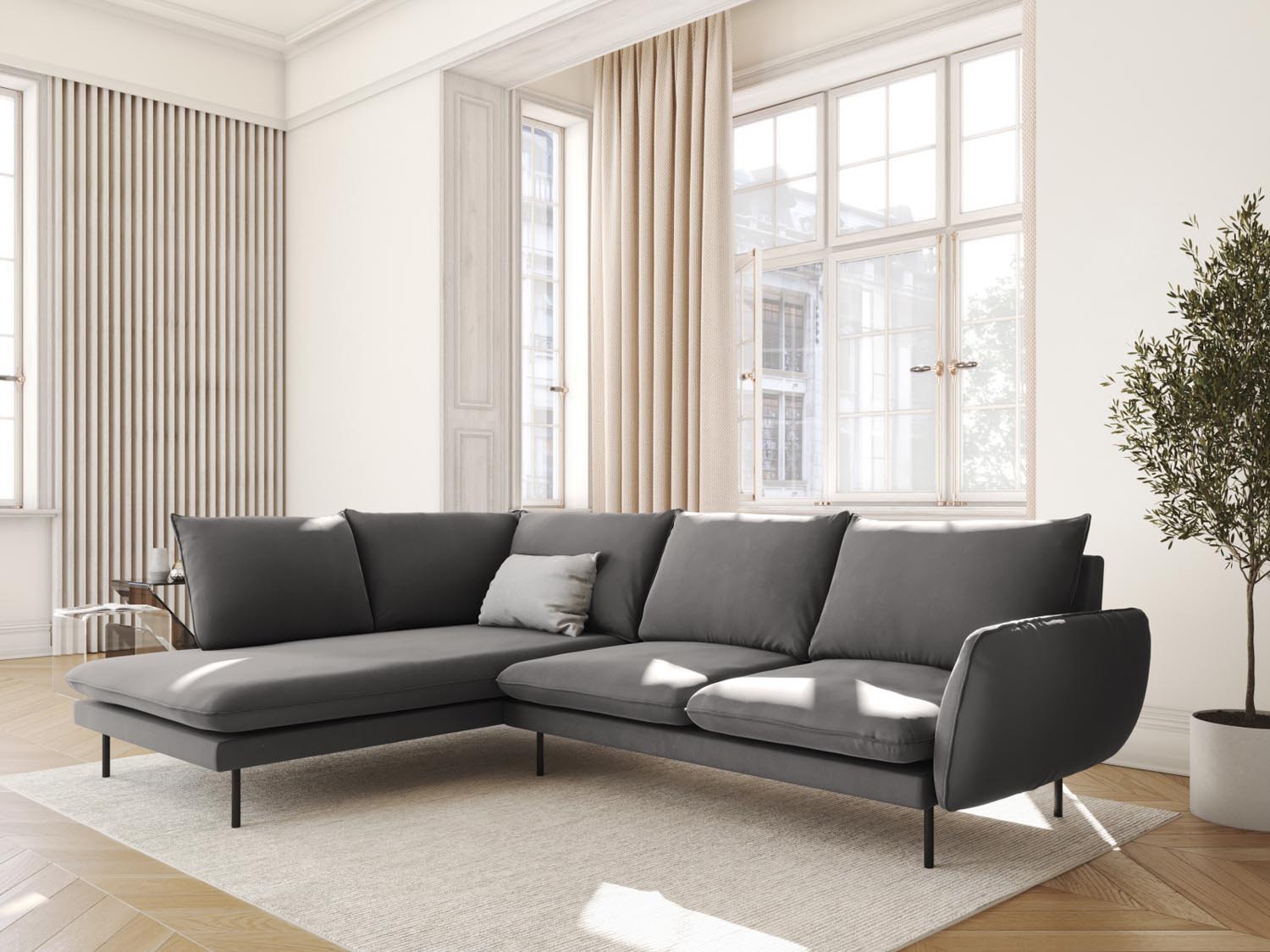 Elegantes Vienna Velour Ecksofa links in Light Grey/Schwarz-Bluvel, ideal für stilvolle Wohnräume, präsentiert in modernem Ambiente.