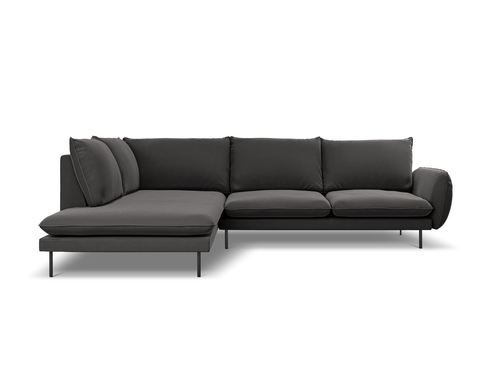 Modernes, dunkelgraues 6-Sitzer Ecksofa im Velour-Stil, linksseitig, perfekt für gemütliche und stilvolle Wohnzimmer.