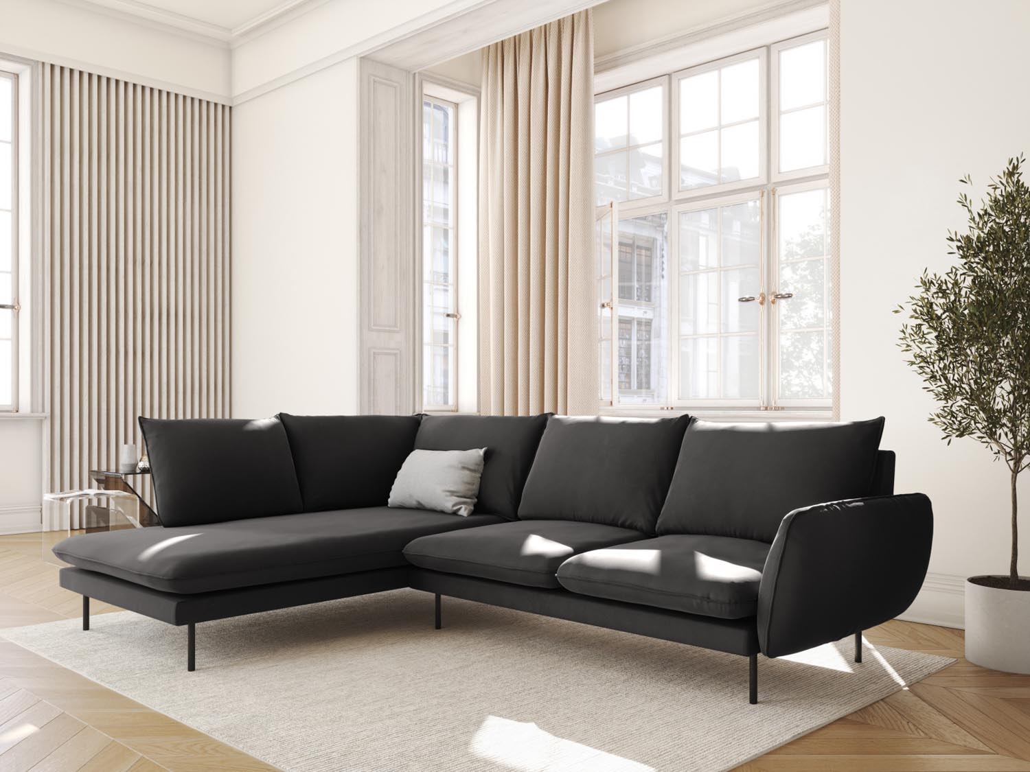 Vienna Velour Ecksofa links 6 Sitzer 185cm in Dark Grey/Schwarz-Bluvel präsentiert im Onlineshop von KAQTU Design AG. Ecksofa links ist von Cosmopolitan Design