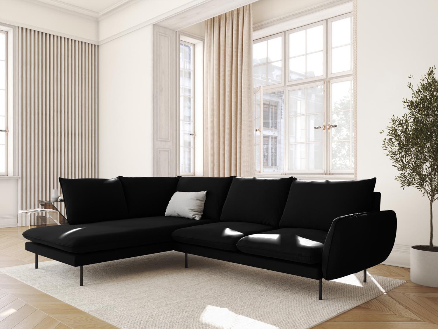 Elegantes Vienna Velour Ecksofa links in Schwarz, 6-Sitzer mit 185 cm, ideal für stilvolle Wohnräume, präsentiert von Cosmopolitan Design.