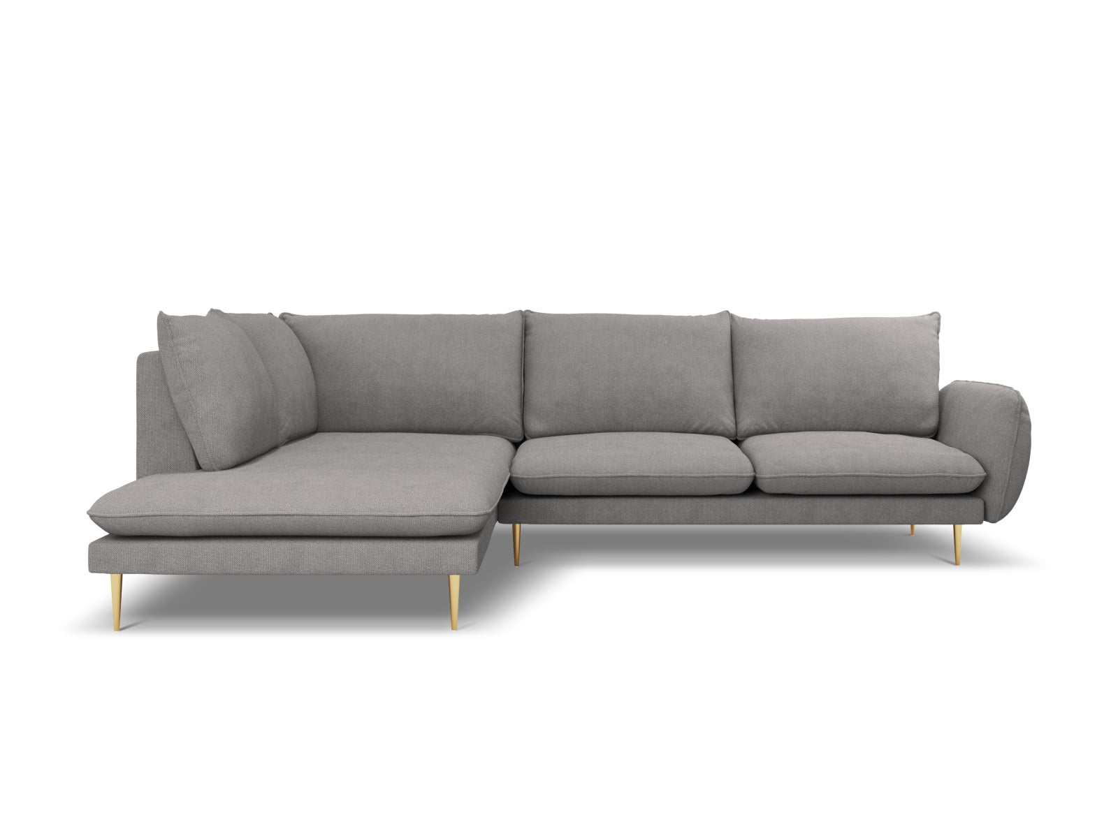 Elegantes Vienna Ecksofa links 6 Sitzer in Dunkelgrau mit goldenen Akzenten, ideal für stilvolle Wohnräume.