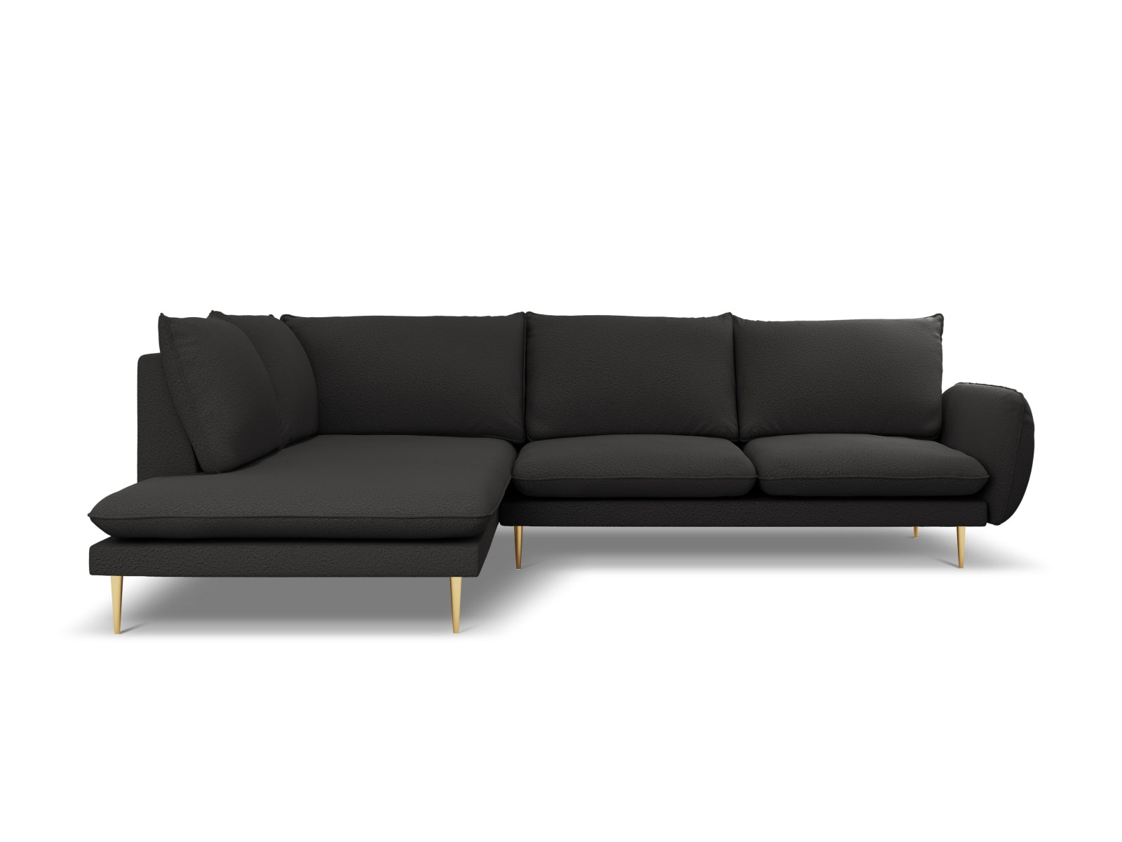 Elegantes Vienna Boucle Ecksofa links für 6 Personen, 185 cm, in stilvollem Schwarz mit goldenen Akzenten, ideal für moderne Wohnräume.