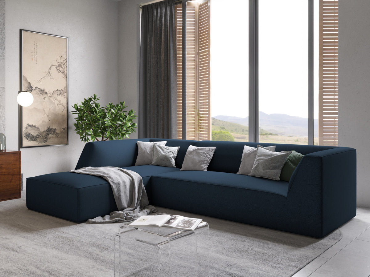Modulares Ecksofa Siena links, 4-Sitzer, Light Beige-Scala Stoff, Massivholzrahmen, schwarze Kunststoffbeine, Sitzhöhe 40 cm.
