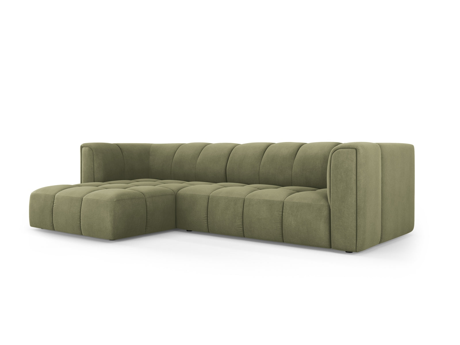 Modulares 3-Sitzer Ecksofa Moritz in sanftem Lichtgrün, ideal für stilvolle Wohnräume, präsentiert von Cosmopolitan Design.