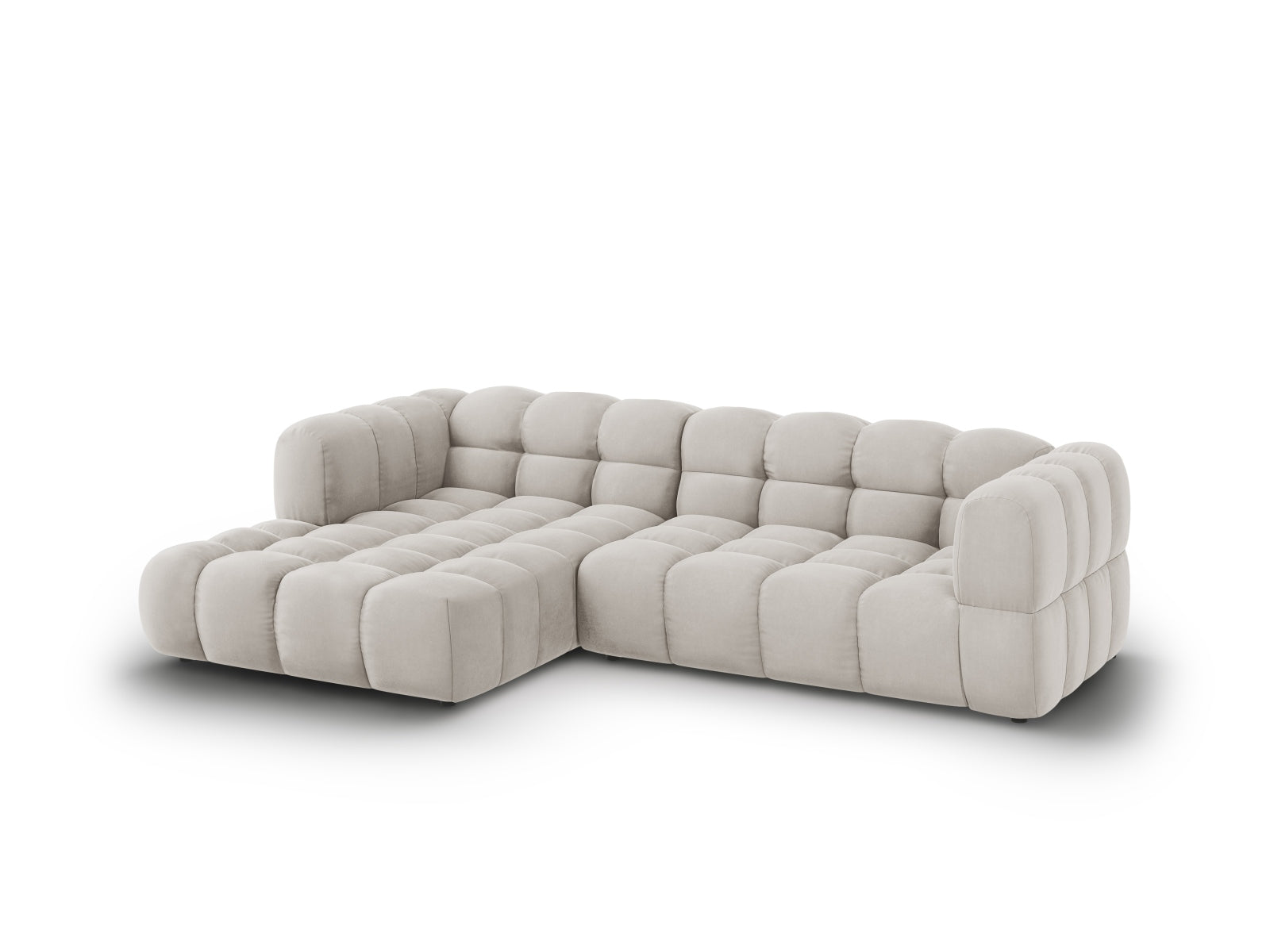 Elegantes modulares Ecksofa links in Sky Velour, ideal für stilvolle Wohnräume, bietet großzügigen Platz und hohen Sitzkomfort.