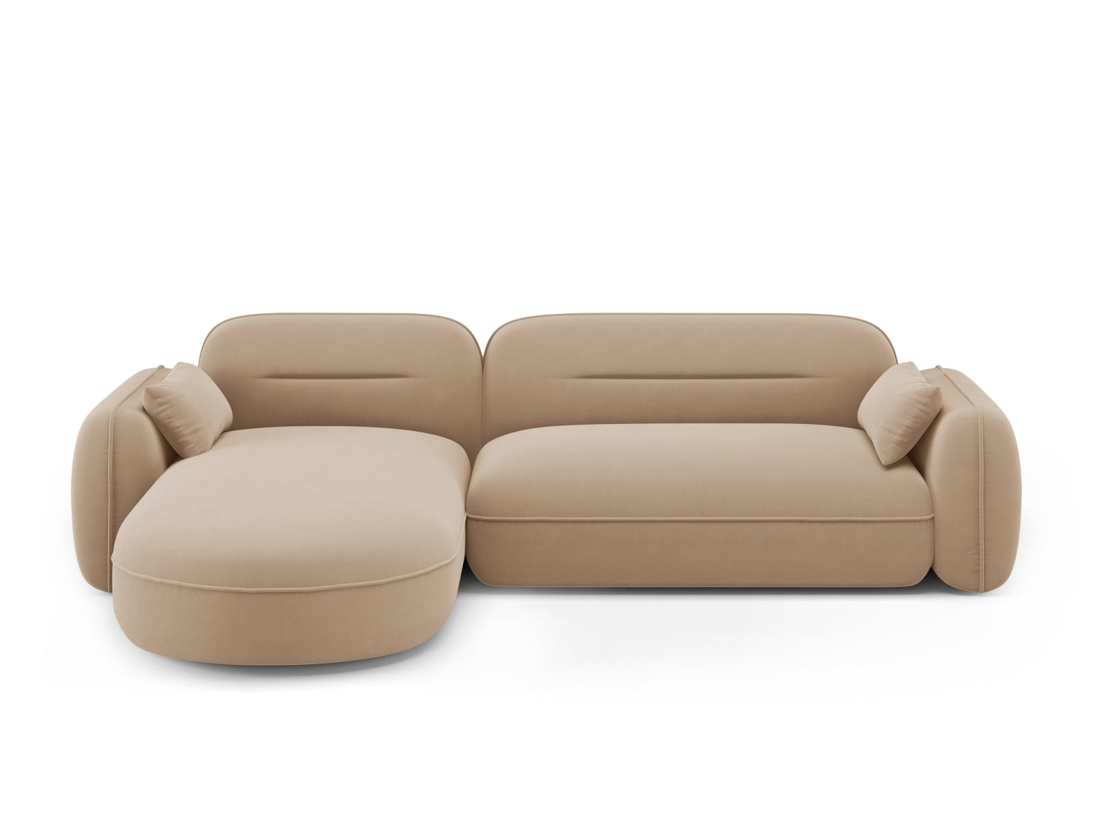 Elegantes, linksseitiges 4-Sitzer Ecksofa Sydney aus Velours in Sand-Casino, perfekt für stilvolle Wohnräume und entspannte Abende.