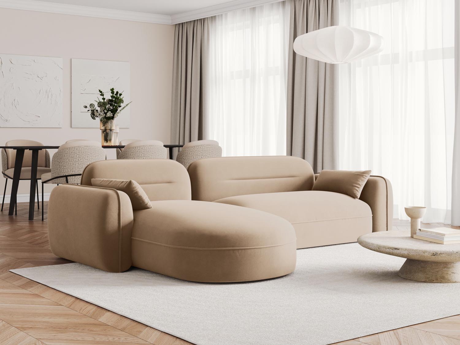 Modulares 4-Sitzer Ecksofa Sydney in weichem Velours, linksseitig, in Sand-Casino, ideal für moderne Wohnkonzepte und gemütliche Stunden.